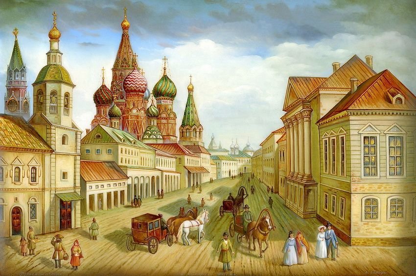 Федоскинская миниатюра - старый город - оригинал