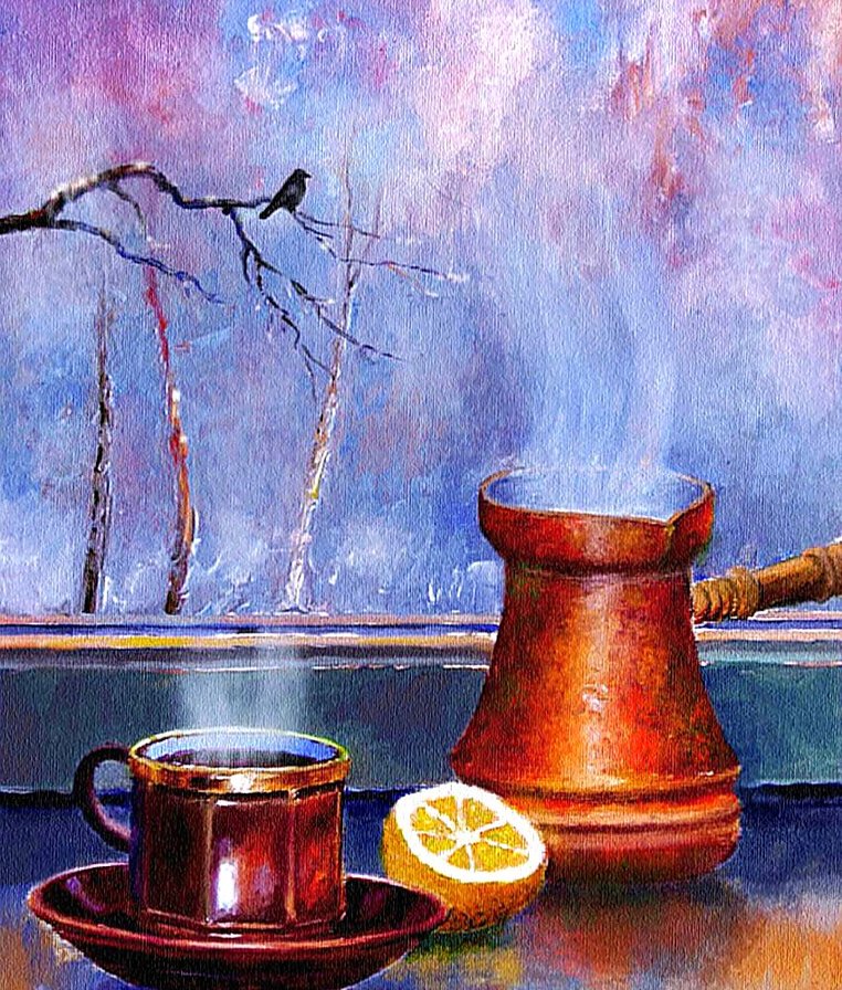 Кофе с лимоном. - лимон, натюрморт, турка, кофе, живопись., чашка - оригинал