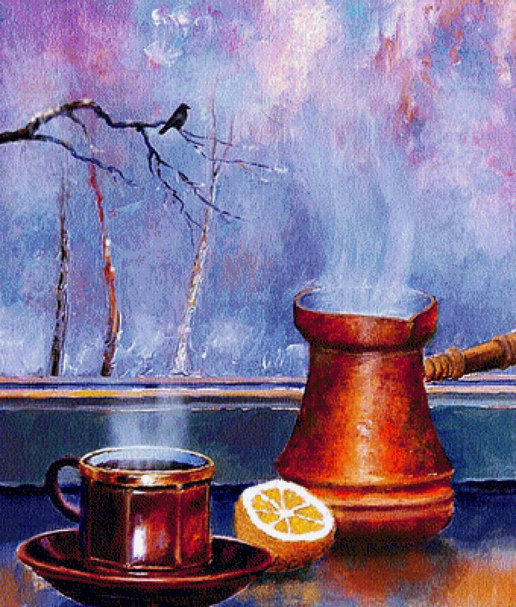 Кофе с лимоном. - турка, лимон, натюрморт, кофе, чашка, живопись. - предпросмотр