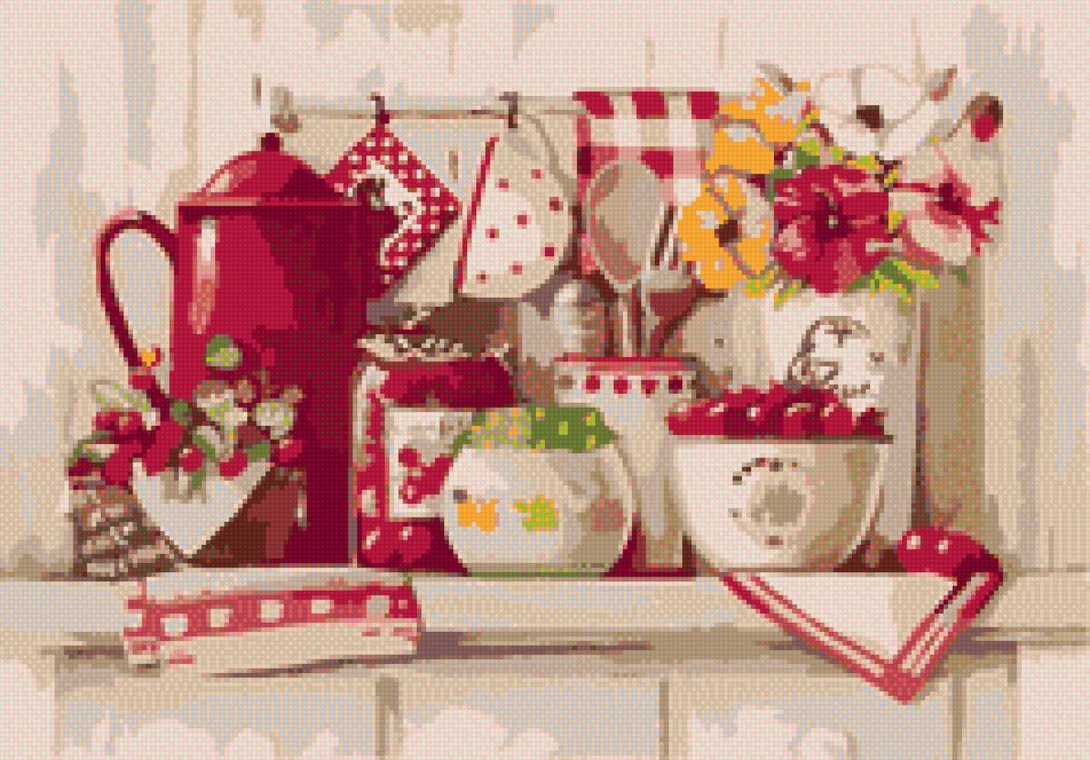 Кухонный натюрморт - натюрморт, кухня, цветы - предпросмотр