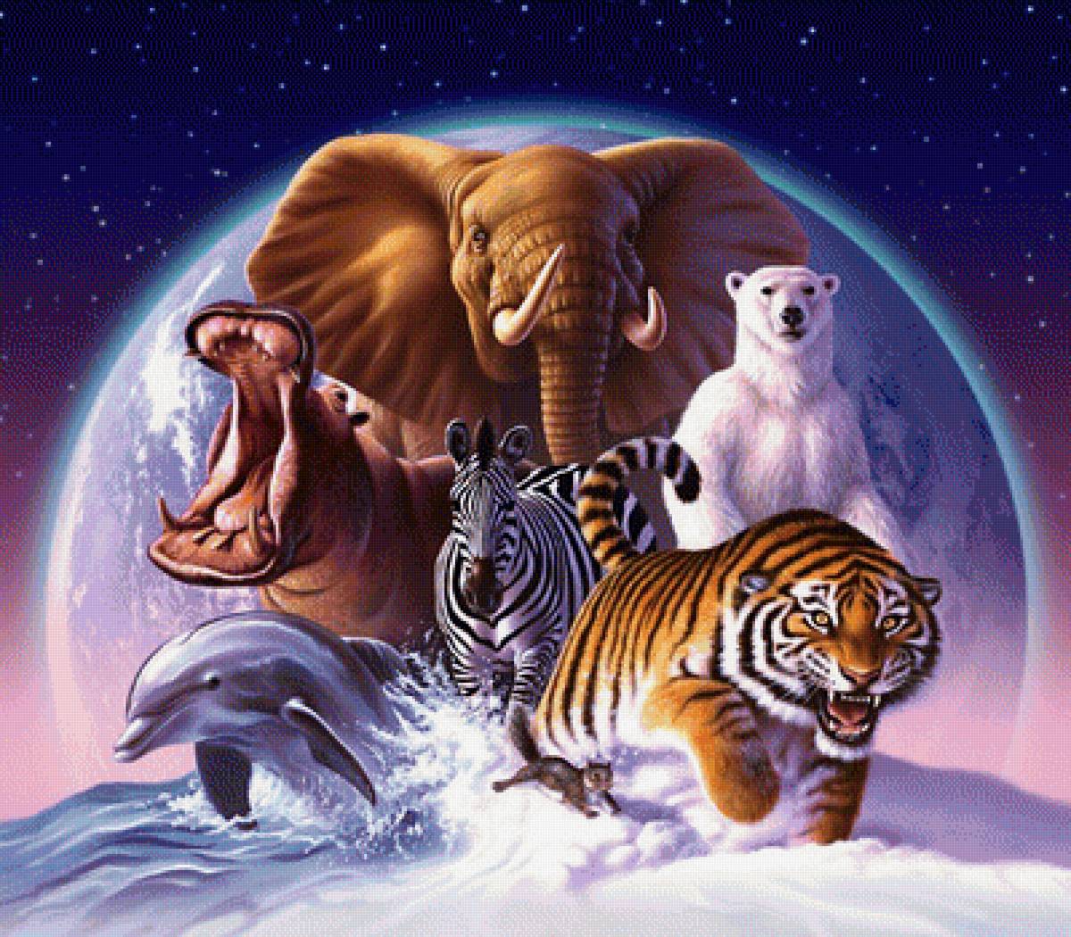 Мир животных - планета, животное, арт, фэнтези, тигр, слон - предпросмотр