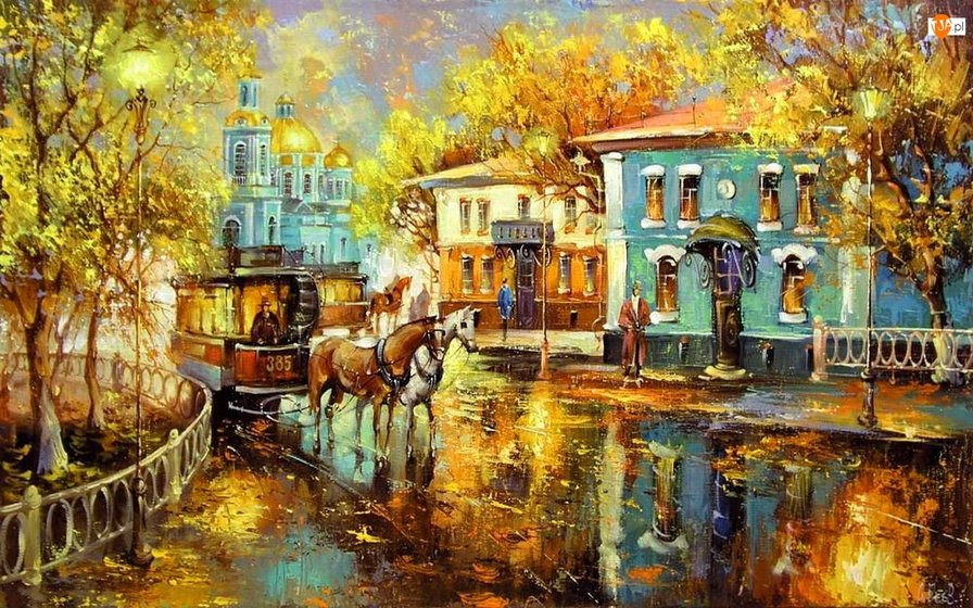 городской пейзаж 1 - пейзаж, лошади, город - оригинал