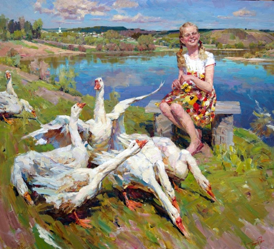 Девочка пасет гусей - гуси, девочка, птицы - оригинал