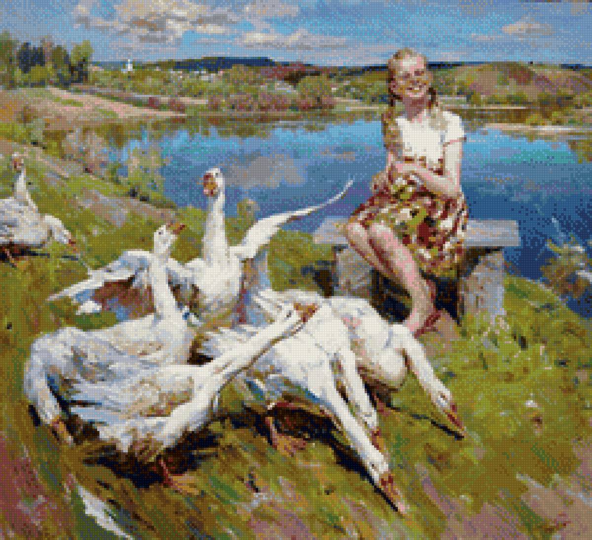 Девочка пасет гусей - птицы, гуси, девочка - предпросмотр