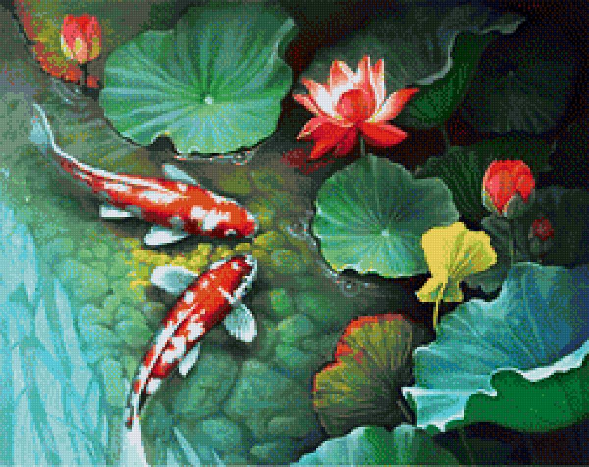 В пруду - рыбки, карпы, в пруду, лотосы - предпросмотр