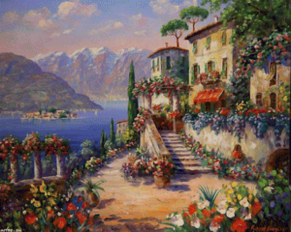 Цветущая гавань - городской пейзаж, домик, море, морской пейзаж - предпросмотр