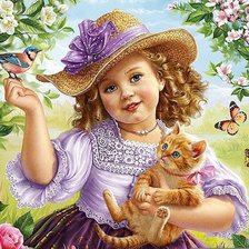 Схема вышивки «Девочка и рыжий котик»