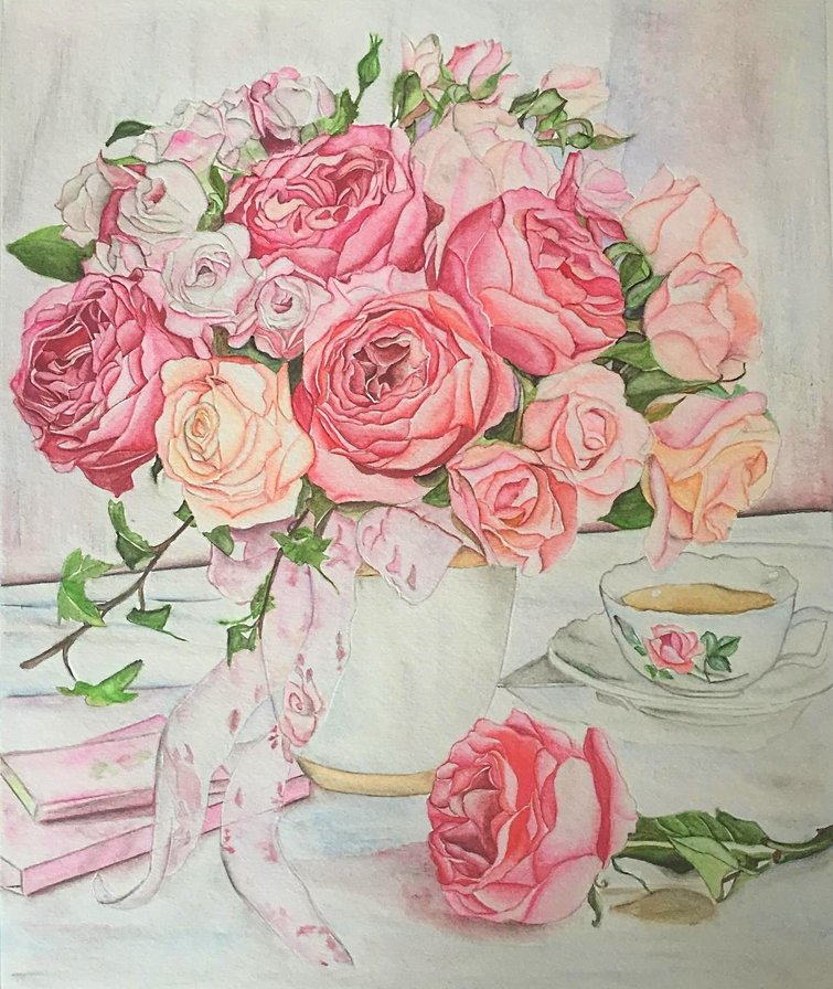 роза нежная - розовые цветы, акварель, букет, роза, розы, натюрморт - оригинал