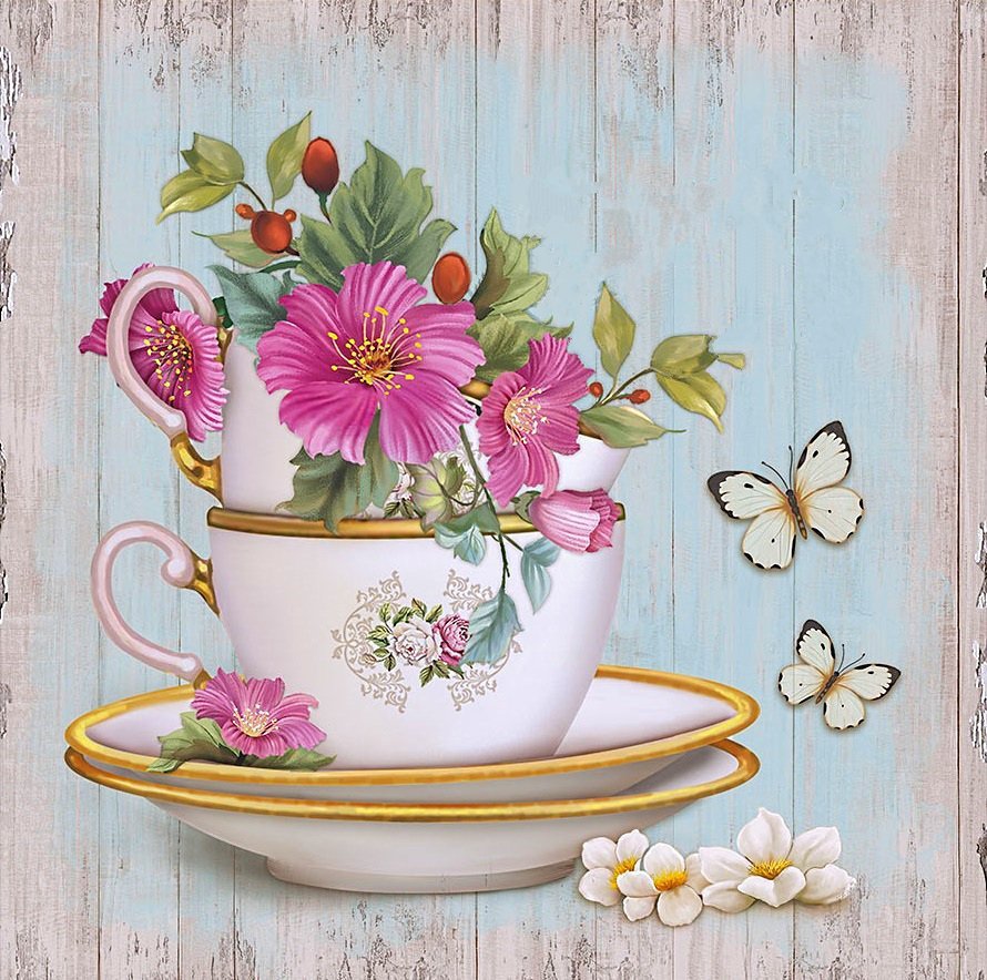 Для кухни - цветы в чашках, бабочки, отдыхалочка - оригинал