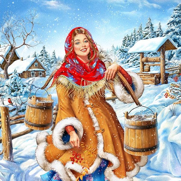 По воду - снег, ведра, девушка, зима, колодец, деревня, коромысло - оригинал