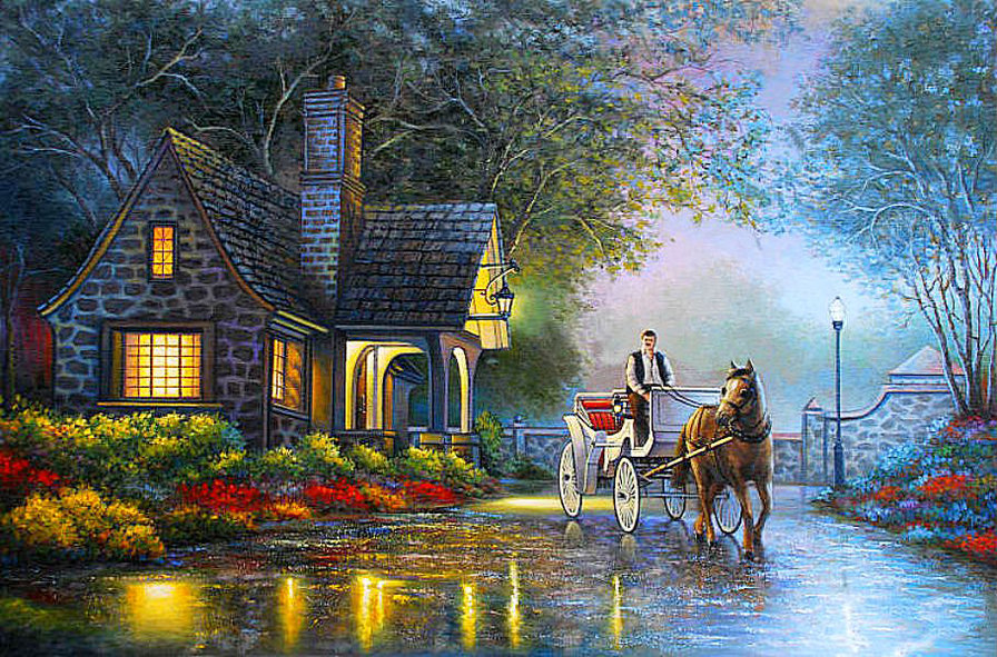 Карета подана... - дом, фонари, цветы, карета, вечер - оригинал