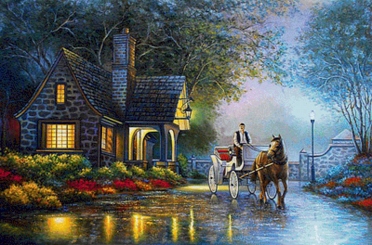 Карета подана... - вечер, фонари, дом, карета, цветы - предпросмотр