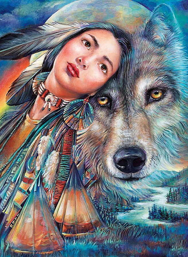 Хранитель - волк, девушка, индейцы, оберег, тотем - оригинал