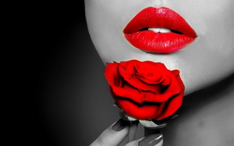 губы - черно-белая, губы, роза - оригинал