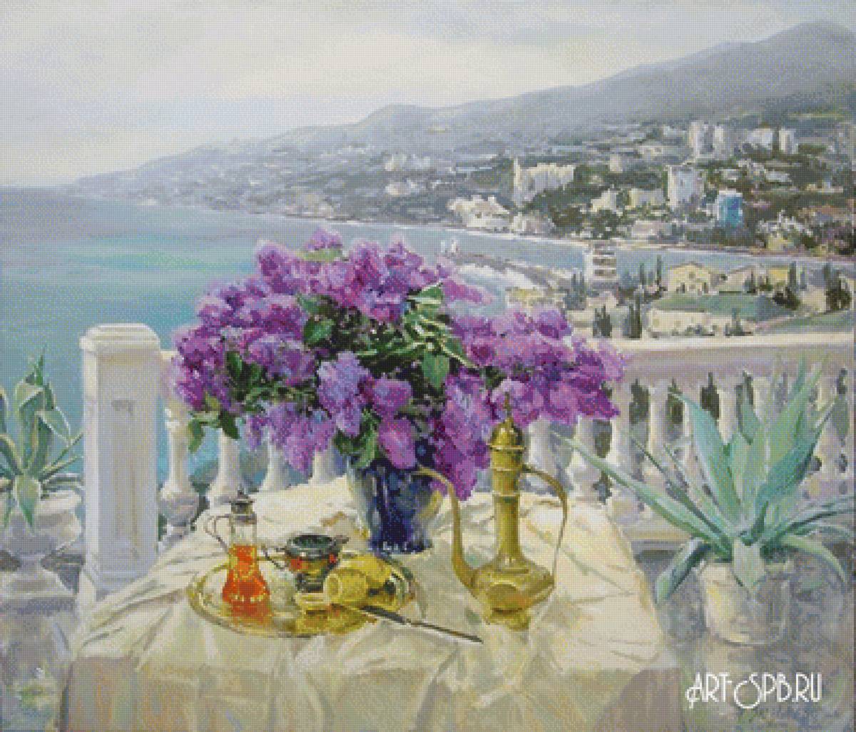 Акварель - море, цветы - предпросмотр