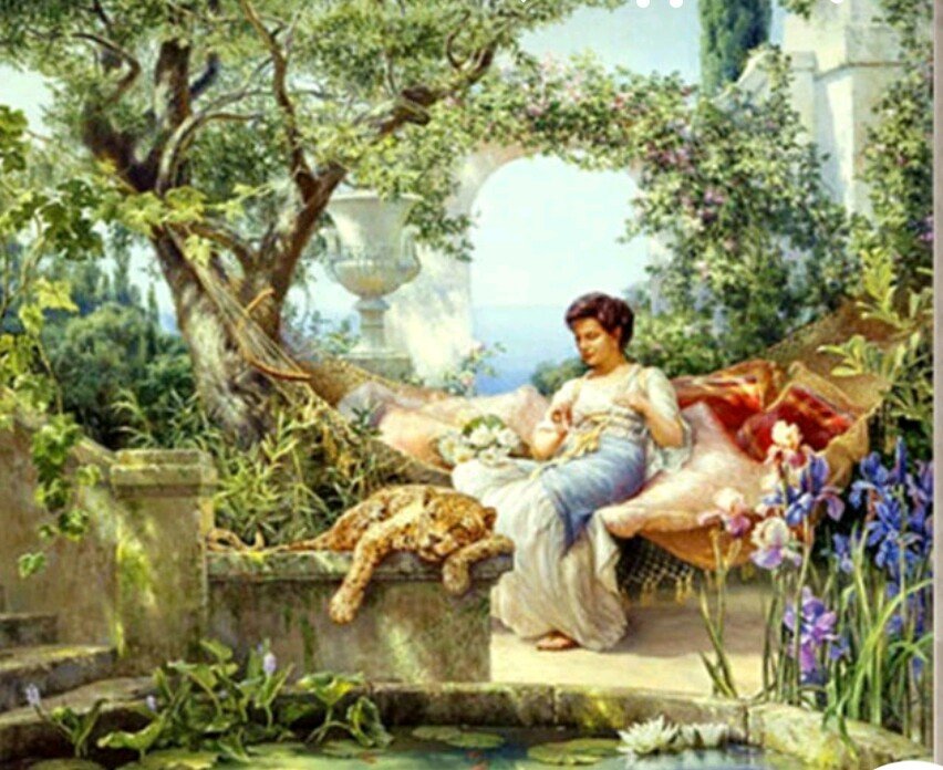 Леопард и девушка - в саду - оригинал