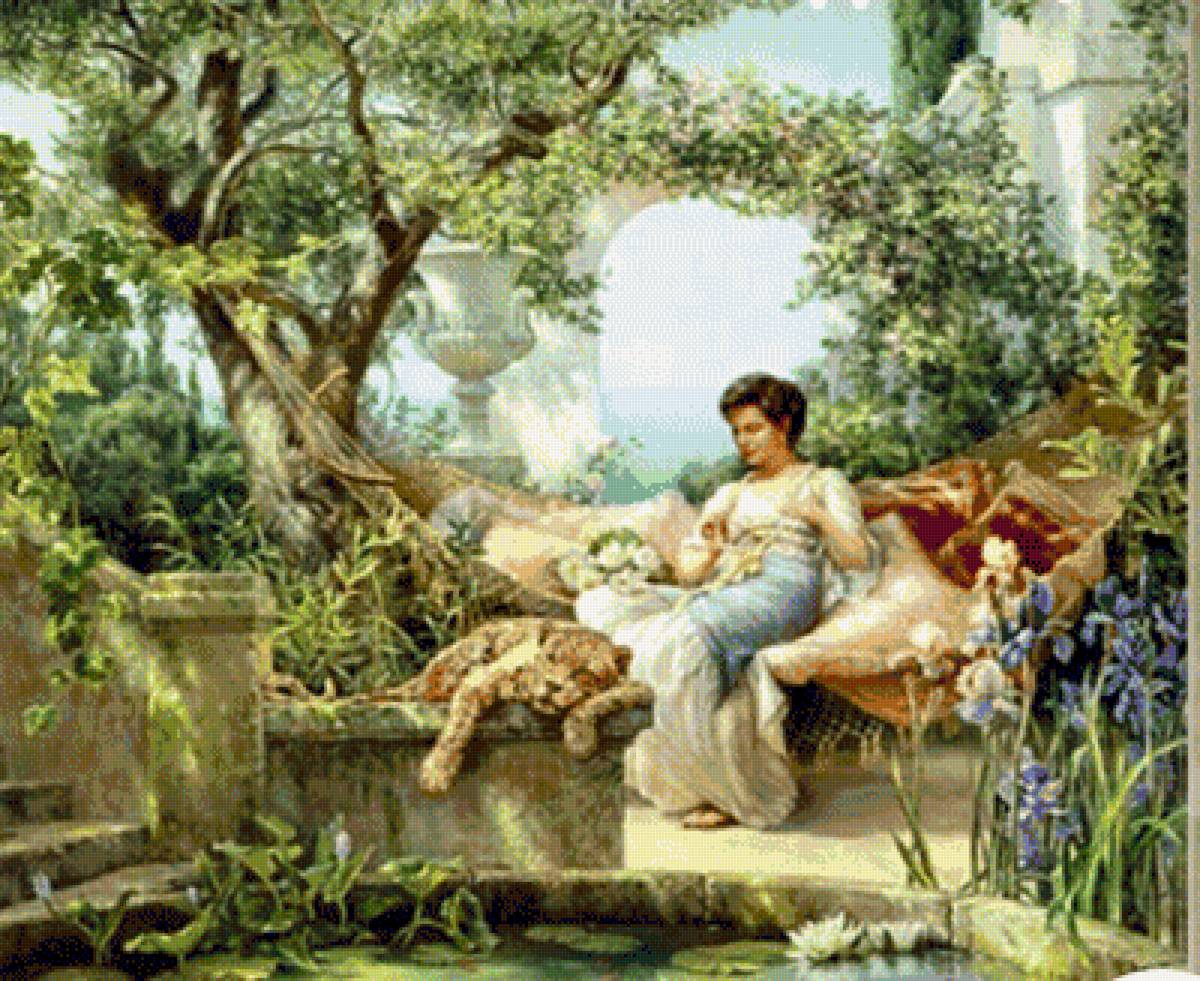 Леопард и девушка - в саду - предпросмотр