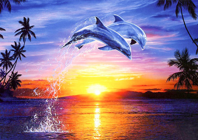 Дельфины на закате - дельфины - оригинал