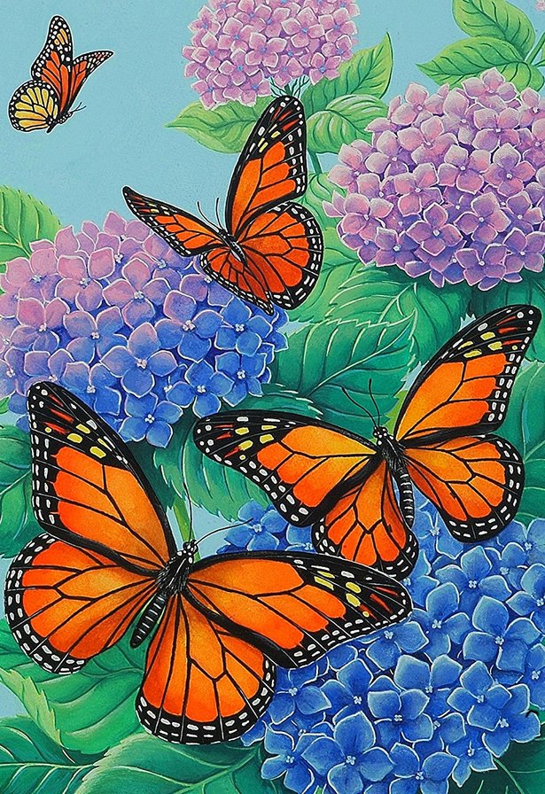 бабочки и цветы - голубые цветы, гортензия, синие цветы, бабочки - оригинал