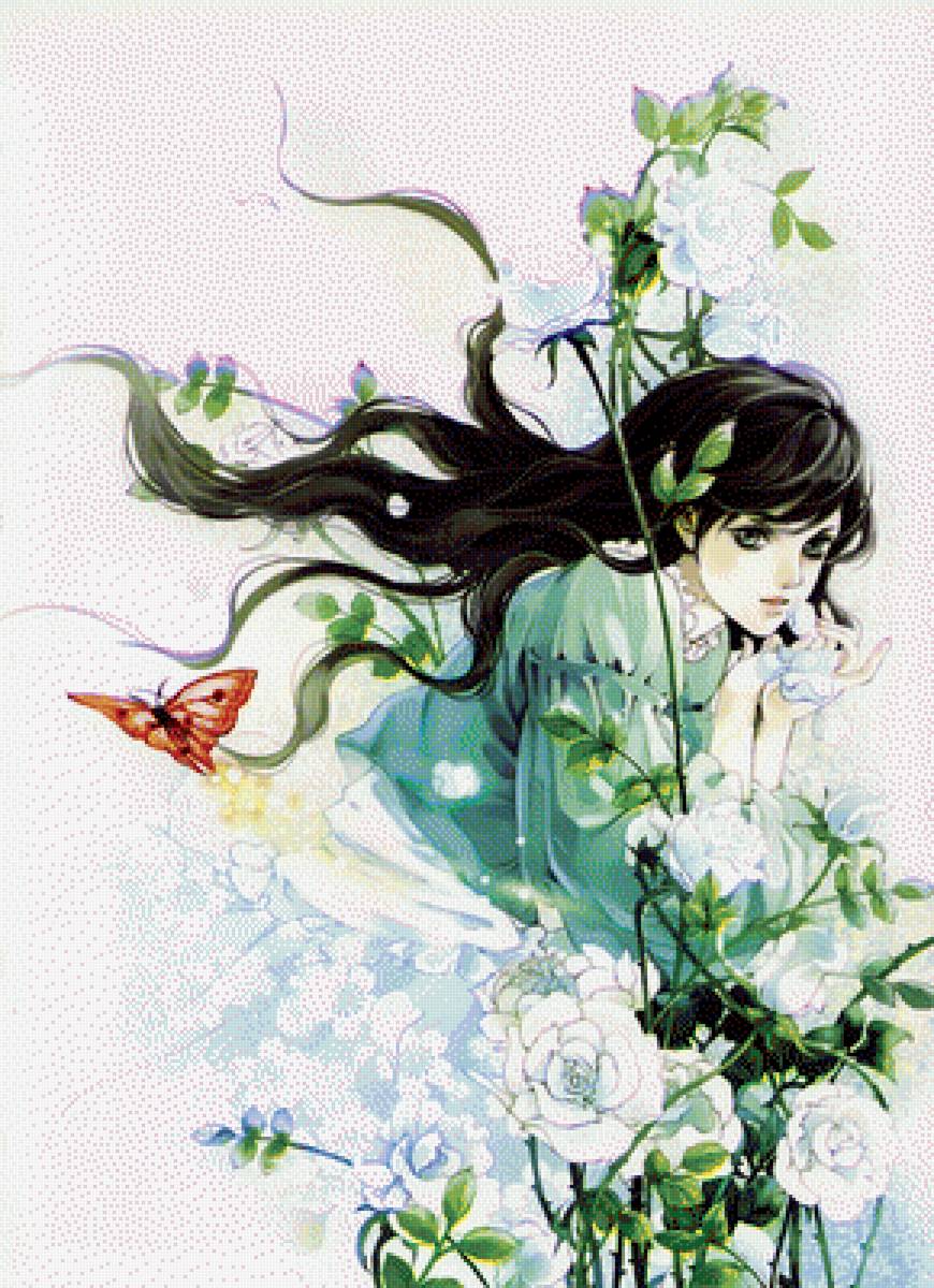 Девушка в цветах - цветы, девушка, арт, аниме - предпросмотр