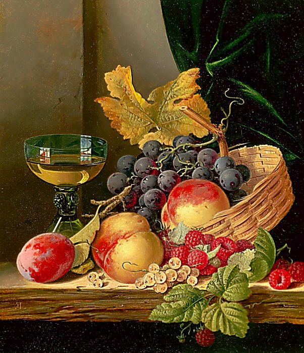 Натюрморт с корзиной фруктов и вином. - фрукты, натюрморт., корзина, вино, виноград, малина, персики - оригинал