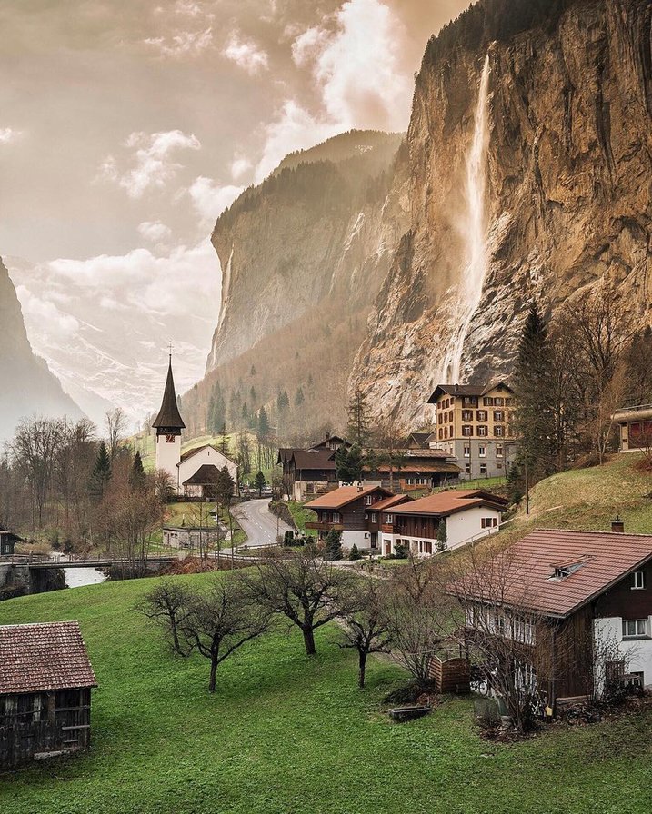 Щвейцария - деревушка, водопады, швейцария, горы - оригинал
