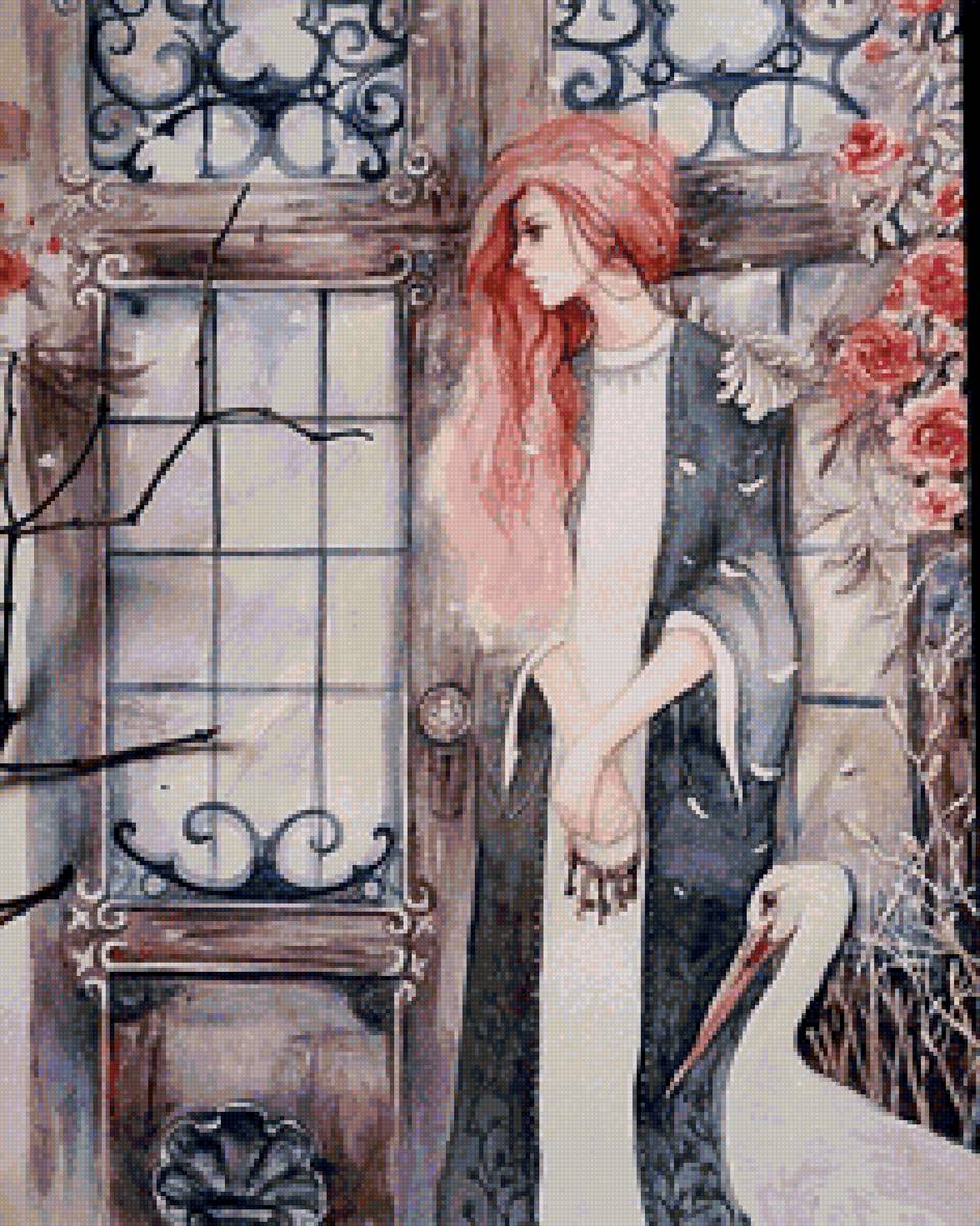 Девушка у окна - девушка, птица, окно - предпросмотр