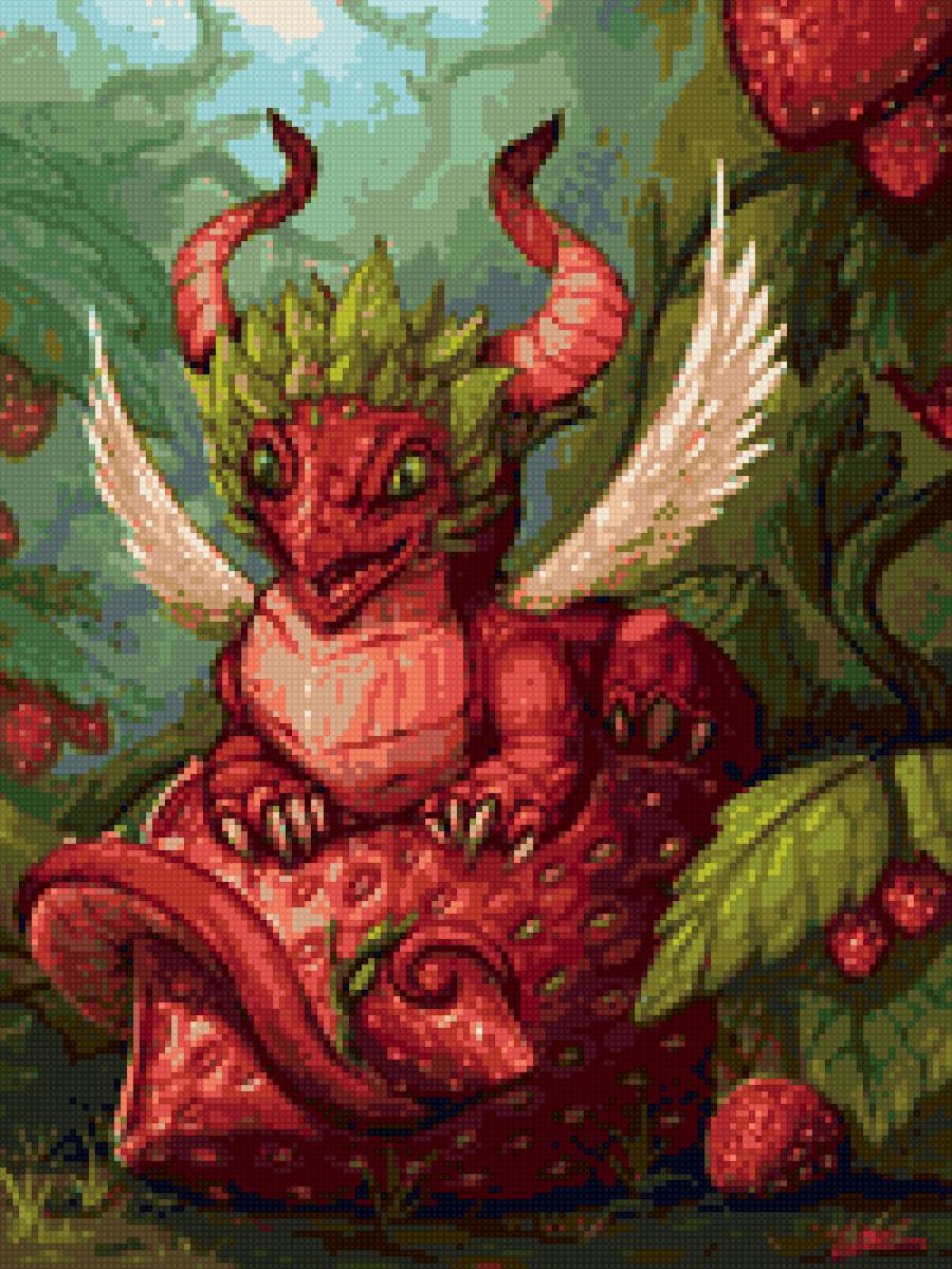 Клубничный дракоша - магия, дракон, клубника - предпросмотр