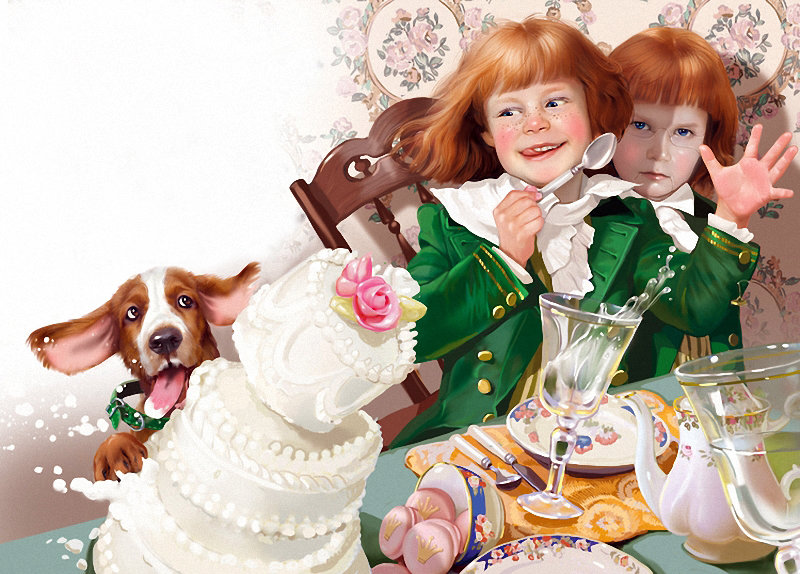 День рождения - двойняшки, торт, день рождения, мальчики, щенок, озорник. - оригинал