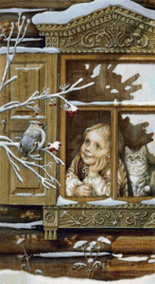 девочка у окна с котенком - девочка. птица. котенок - предпросмотр