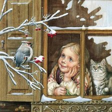 девочка у окна с котенком