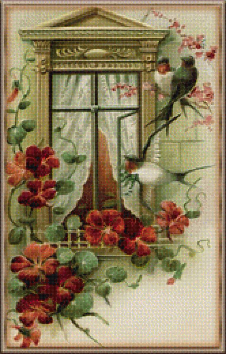 Ласточки у окна - птицы, дом, окно, цветы - предпросмотр