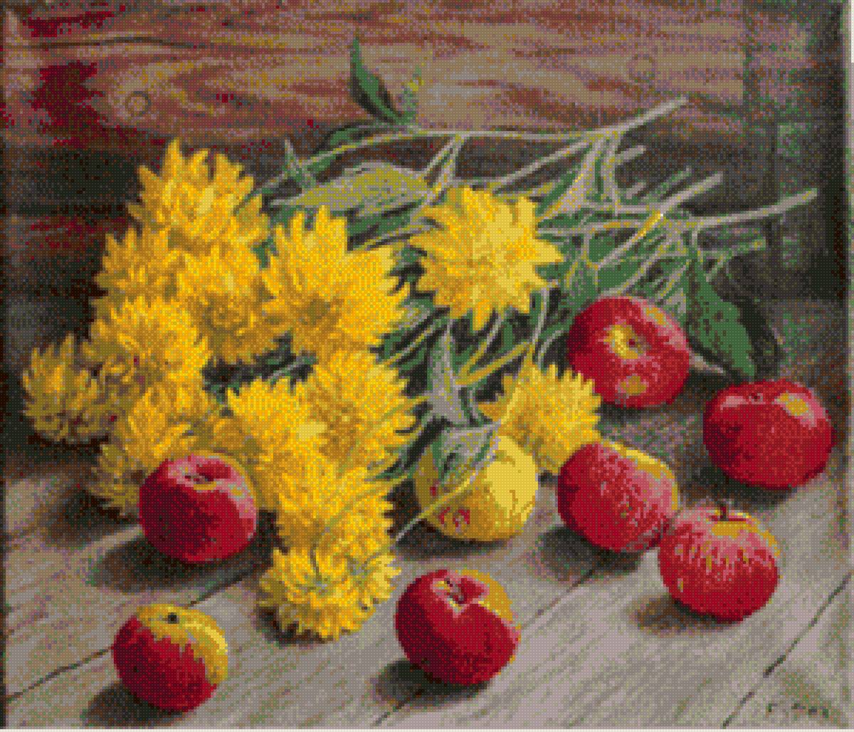 Золотые шары - осень, яблоки, натюрморт, цветы - предпросмотр