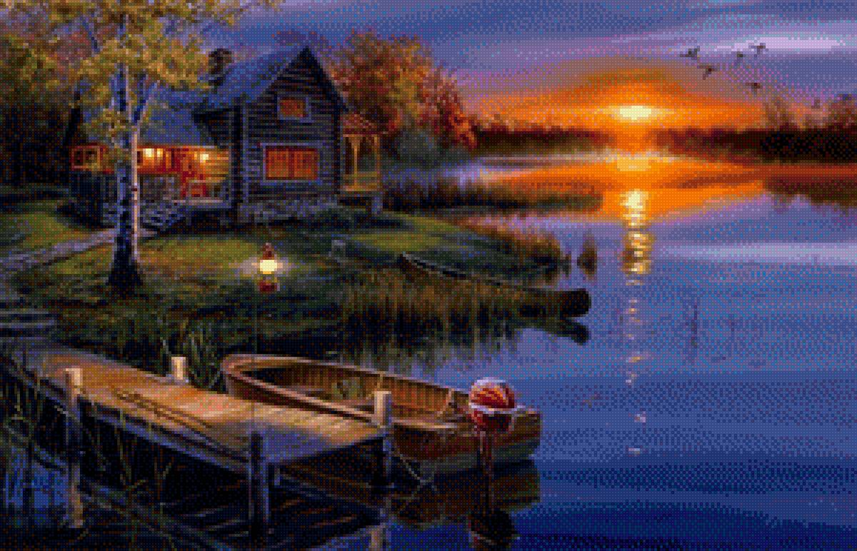 Красота.... - природа, лодка, ночь, озеро, лес - предпросмотр