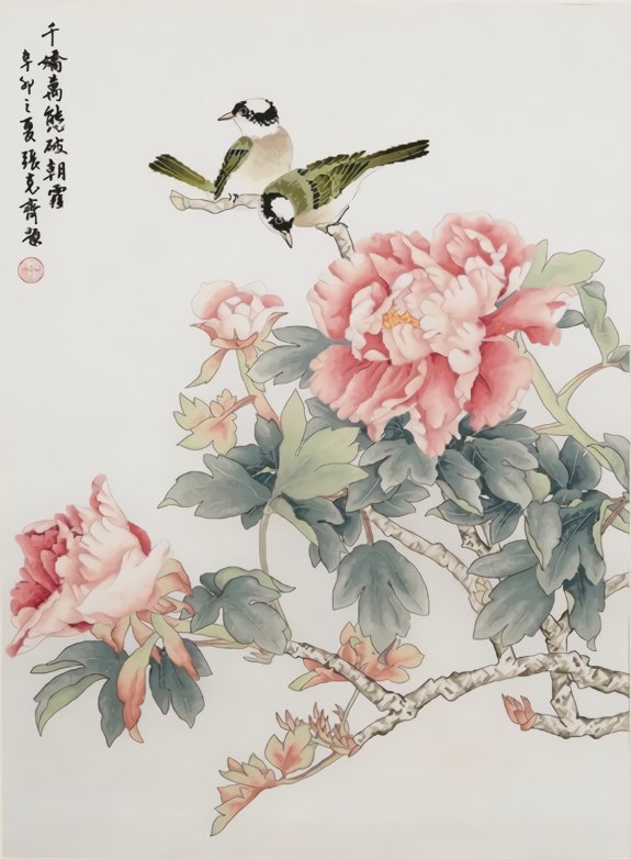 Аромат пиона - птицы, живопись, цветы - оригинал