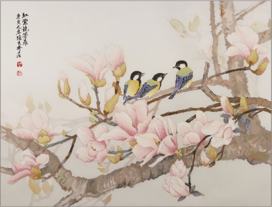 Магнолия - цветы, живопись, птицы - оригинал