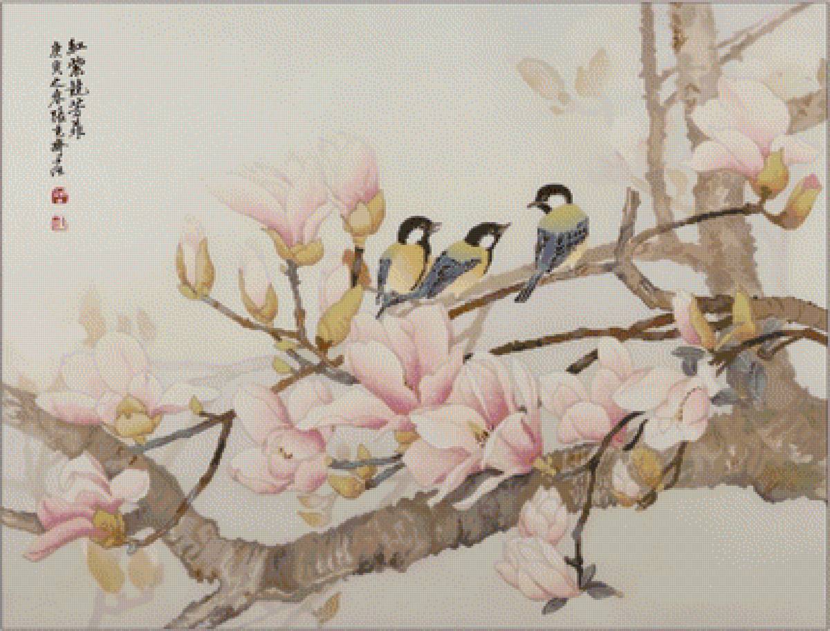 Магнолия - птицы, цветы, живопись - предпросмотр