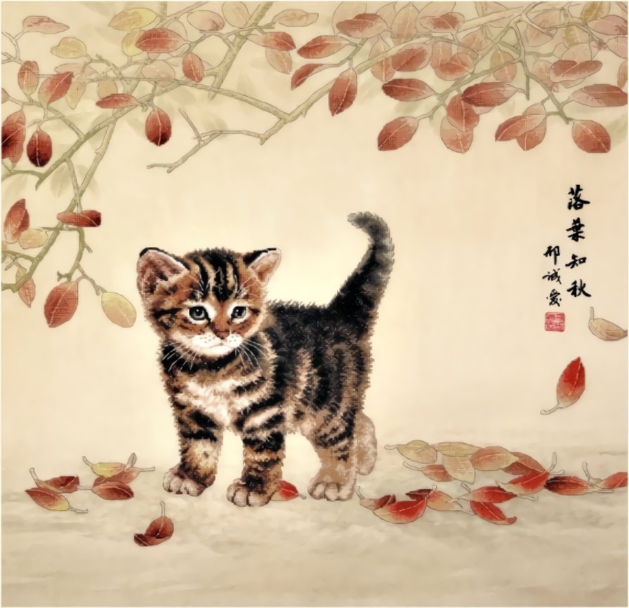 Котенок и листья - котенок, живопись, листья - оригинал