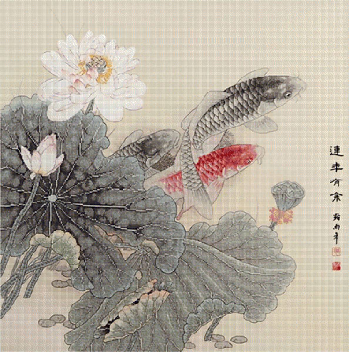 Лотос и карпы - рыбы, живопись, цветы - предпросмотр