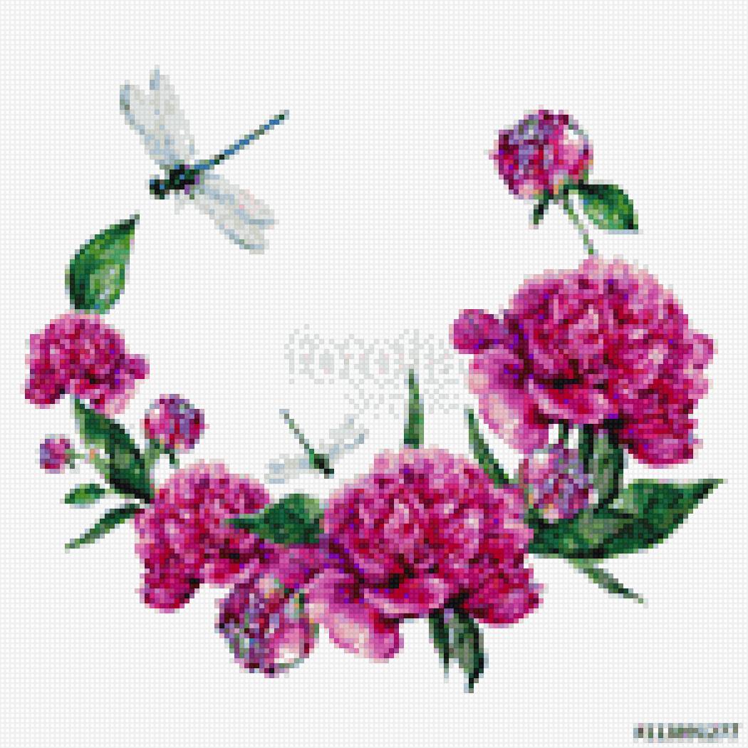 пионы венок и стрекозы - венок, цветы, пионы, стрекоза - предпросмотр