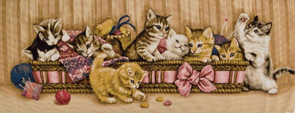 Котята в корзине - домашние животные, котята, для подушки-валика - предпросмотр
