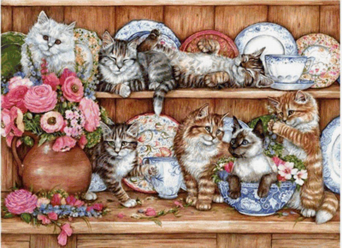 Котята на посудных полках - котята, посуда, полки - предпросмотр