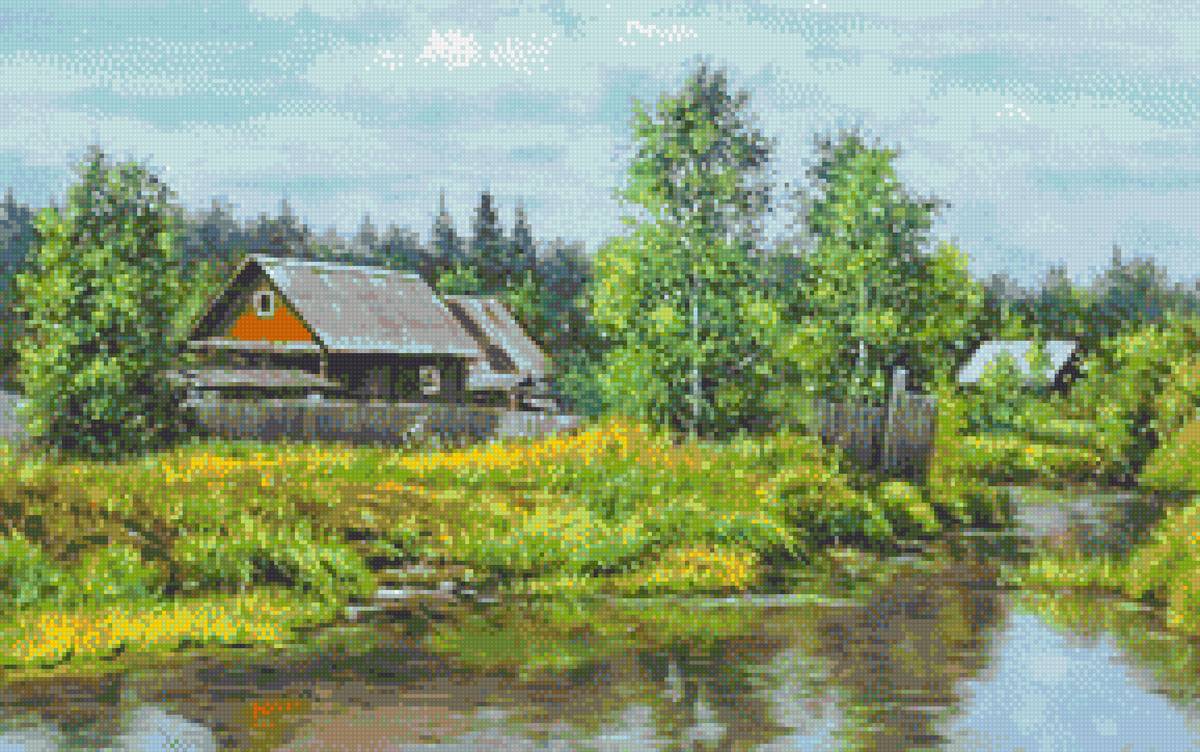 в деревне - река, изба, небо, село - предпросмотр
