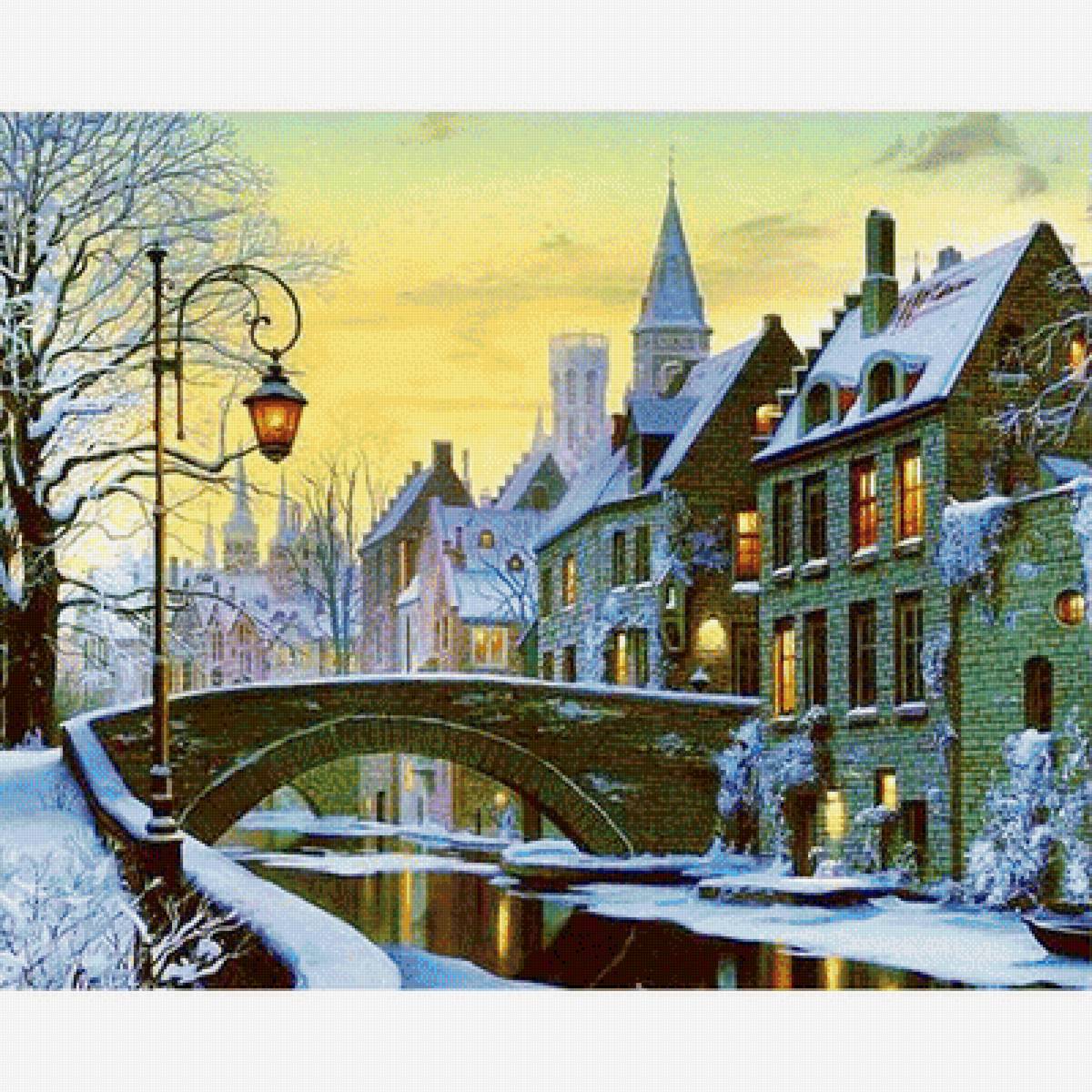 мостик в старом городке - пейзаж, картина, зима - предпросмотр