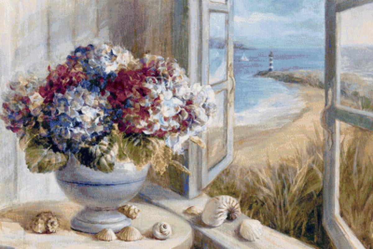 вид на море - море, окно, цветы - предпросмотр