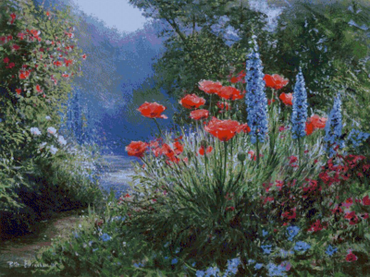 В саду - пейзаж, маки, сад, цветы - предпросмотр