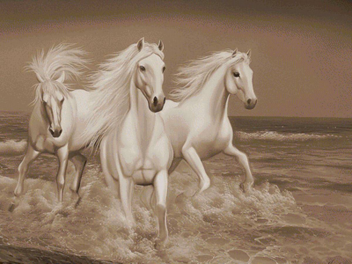 белые лошади - волна, лошади, кони - предпросмотр