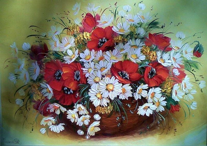 Ромашки и маки в корзине - букет, цветы - оригинал