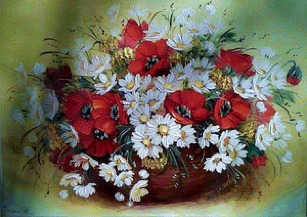 Ромашки и маки в корзине - букет, цветы - предпросмотр