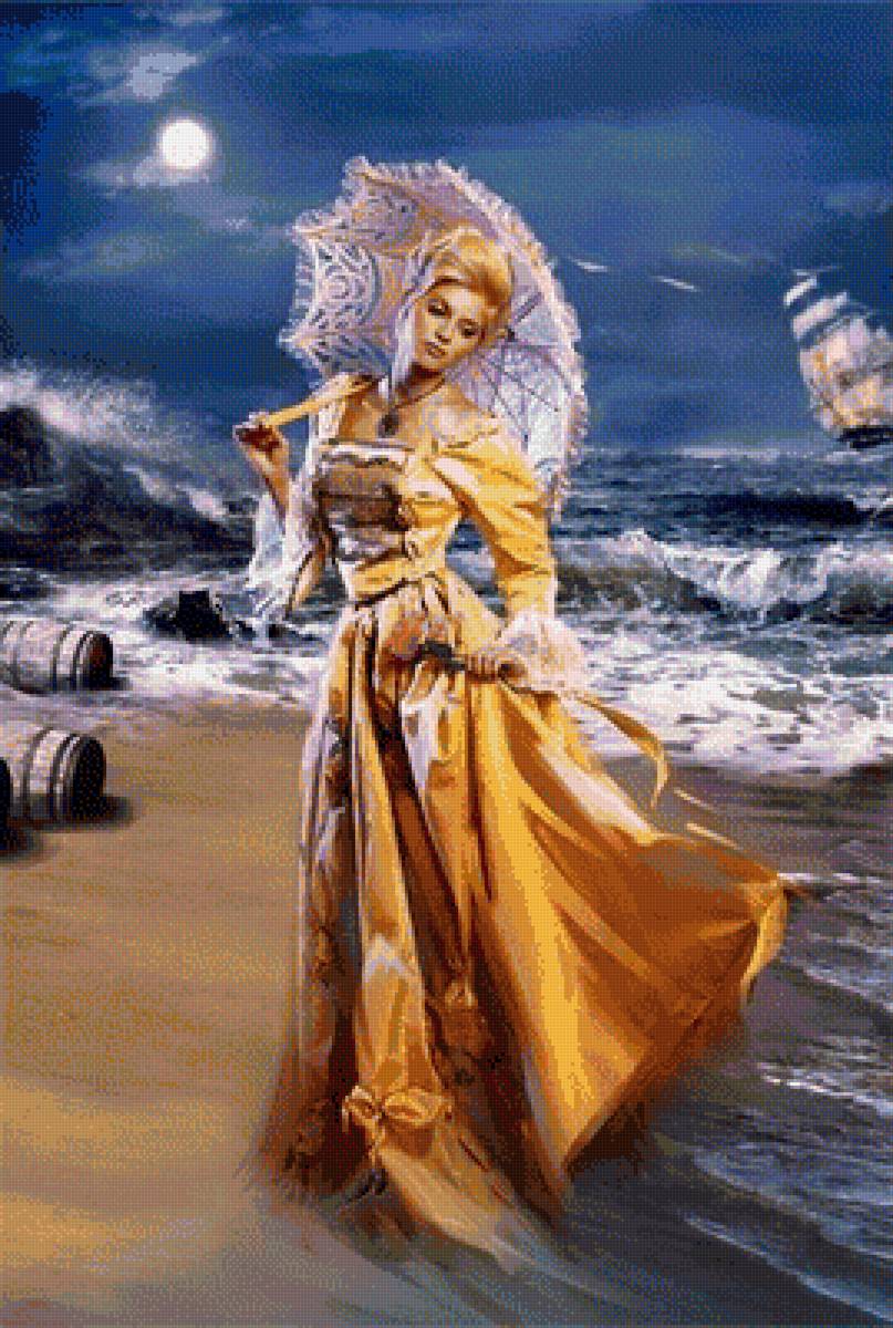 Прогулка при луне - зонт, прогулка, девушка, луна, море - предпросмотр